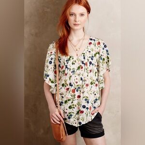 Maeve White Boho Floral Pintuck V-Neck Blouse